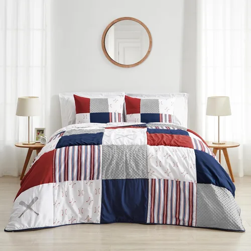Vista 2 de Sweet Jojo Designs Juego de edredón individual de 2 piezas (deportes con parches de béisbol) para niños, ropa de cama para niños, ropa de cama