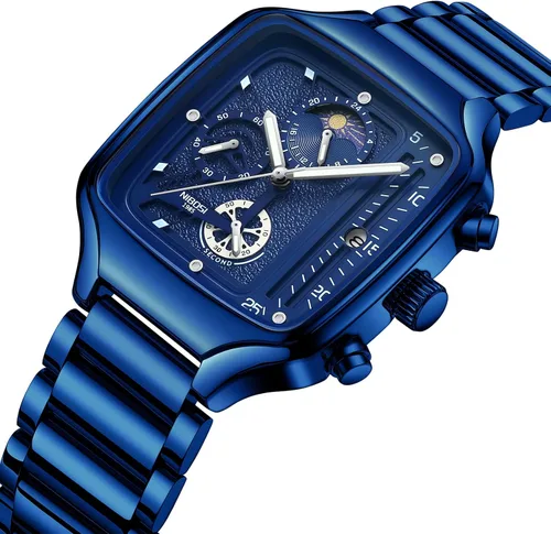 Vista 2 de NIBOSI Reloj de cuarzo para hombre, cronógrafo, cuadrado, dorado, resistente al agua, para negocios, militar, deportivo, acero inoxidable, fecha