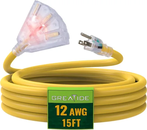 Vista 8 de Cable de extensión iluminado para exteriores de 6 pies con 3 tomas de corriente eléctrica - Cable de extensión negro resistente SJTW 12/3
