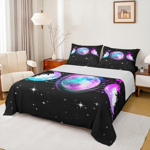 Vista 11 de Erosebridal Juego de sábanas tamaño individual con estampado de luna, diseño de flores de loto, color morado degradado, juego de sábanas orientales