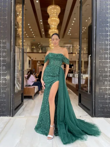 Vista 3 de Vestidos de graduación de sirena con lentejuelas y abertura 2023 con hombros descubiertos, vestidos de noche formales de tul para mujer