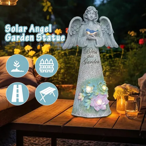 Vista 5 de Estatua de jardín de ángeles, decoración al aire libre, jardín de ángel sosteniendo pájaro con luces solares, regalos de jardinería para mamá