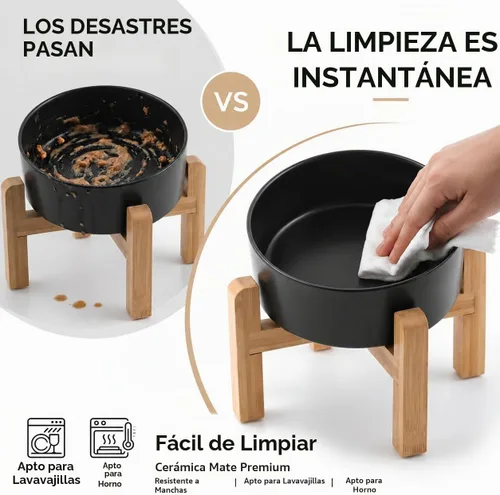 Vista 4 de hjn Cuenco elevado de cerámica para perros/cuencos elevados de cerámica para perros con soporte de bambú, comedero elevado inclinado de 15°