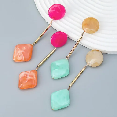 Vista 7 de Aretes geométricos acrílicos redondos cuadrados de resina, aretes ligeros de gota de acetato de resina, aretes de aro colgantes de borla larga