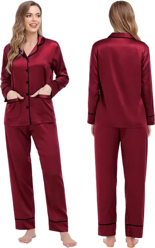 Vista 2 de SWOMOG Conjunto de pijama de seda a juego para parejas, con 2 bolsillos, manga larga, con botones, ropa de dormir