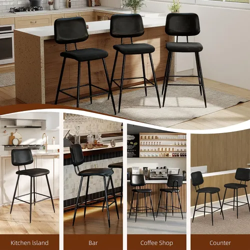 Vista 8 de Juego de 3 taburetes de bar de altura de mostrador, sillas de isla de cocina modernas de piel sintética de 26 pulgadas con respaldo y patas