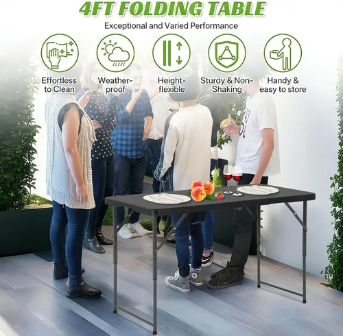 Vista 4 de Mesa Plegable de 4 Pies de Altura Ajustable con Asa Incorporada, Mesa Plegable Portátil de Servicio Pesado de 4 Pies con Patas de Acero