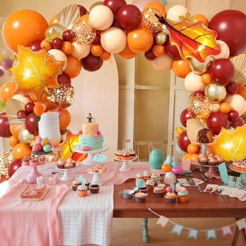 Vista 7 de Kit de arco de globos naranjas, guirnalda de globos de otoño de Acción de Gracias con globo de papel de aluminio de hoja burdeos naranja quemado Día