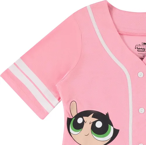 Vista 3 de PowerPuff Girls Ladies Baseball Jersey - Powerpuff Mesh Button Down Baseball Jersey - Blossom Bubble and Buttercup Shirt