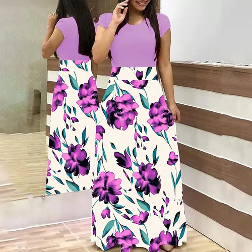 Vista 2 de NIUQI Vestido largo con estampado floral para mujer cintura imperio cuello redondo patchwork estampado