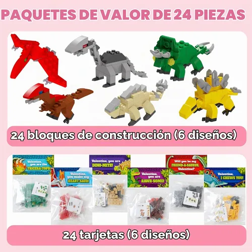 Vista 2 de JOYIN Paquete de 24 tarjetas de San Valentín con bloques de construcción de dinosaurios para regalos, recuerdos de fiesta, premio de intercambio