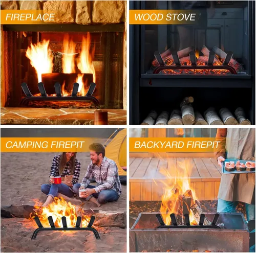 Vista 6 de Rejilla para chimenea de acero sólido redondo de 14 pulgadas, barra de 3/4" - Soporte resistente de hierro fundido forjado para interiores