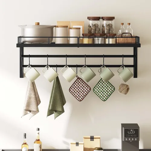 Vista 2 de YATINEY Estante para ollas, estante de pared de 30 pulgadas, organizador de ollas y sartenes de cocina con rieles colgantes de 2 niveles, 12 ganchos