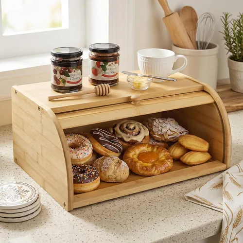 Vista 7 de Lawei Panera de bambú, caja de pan grande de madera con parte superior enrollable, contenedor de almacenamiento de pan para encimera, soporte