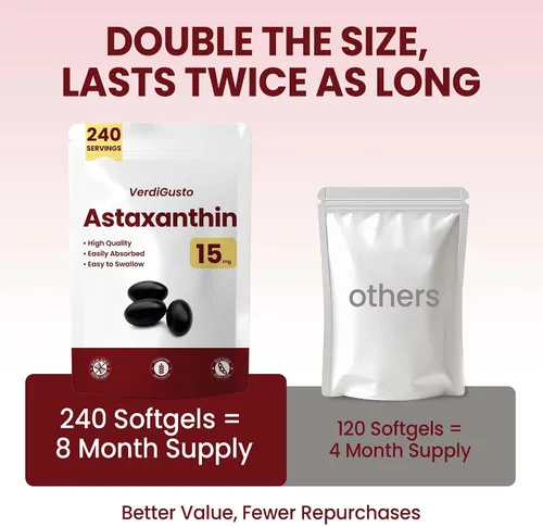 Vista 6 de Astaxantina de 15 mg 240 cápsulas blandas Suplementos de astaxantina Suministro para 8 meses Apoyo antioxidante, salud de los ojos y la piel