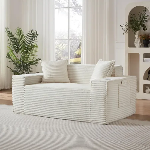 Vista 49 de Sofá sin hueso de 66.5 pulgadas con portavasos y bolsillos laterales, sofá biplaza tapizado de tela de pana moderna con 2 almohadas para sala