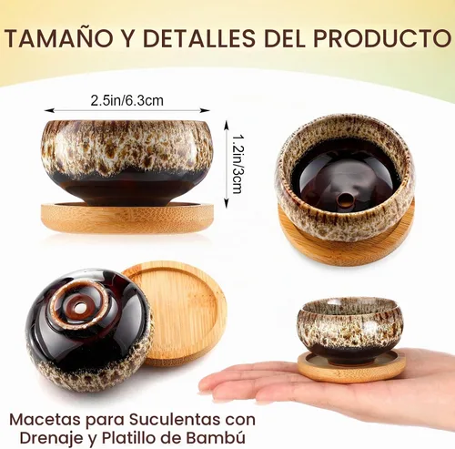 Vista 2 de 12 macetas de cerámica para suculentas de 2.5 pulgadas, macetas de jardín con drenaje y bandeja de bambú para plantas de jardín de interior, macetas