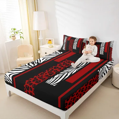 Vista 3 de Sábana bajera ajustable con estampado de leopardo, tamaño individual, juego de ropa de cama rústica con rayas de piel de cebra, decoración