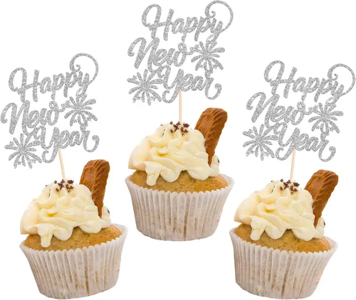 Vista 8 de 1 paquete de decoración para tartas con purpurina de fuegos artificiales para 2026 Año Nuevo 2026, decoración para pasteles de bienvenida 2026