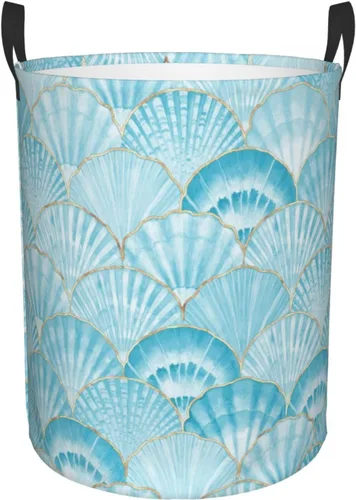 Vista 20 de Cesta de lavandería con diseño de estrellas de mar y flores, impermeable, plegable, con asa duradera, cesta de almacenamiento de ropa sucia redonda