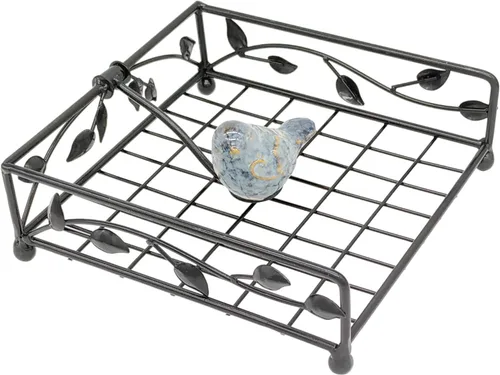 Vista 3 de OwlGift Collection - Soporte para servilletas plano de metal con revestimiento negro con pájaro de cerámica, cocina y encimera, organizador