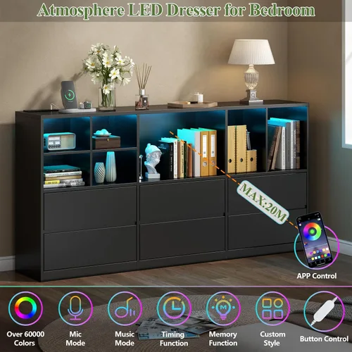 Vista 4 de Gyfimoie Cómoda negra para dormitorio con 6 cajones, cómoda con luces LED y estación de carga, cómoda de 63 pulgadas de largo con 7 cubos abiertos