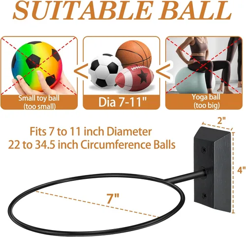 Vista 2 de Soporte de pared para baloncesto VIVTOB, soporte de pared para pelota de 7 pulgadas con base de madera maciza de nogal negro y anillo de metal