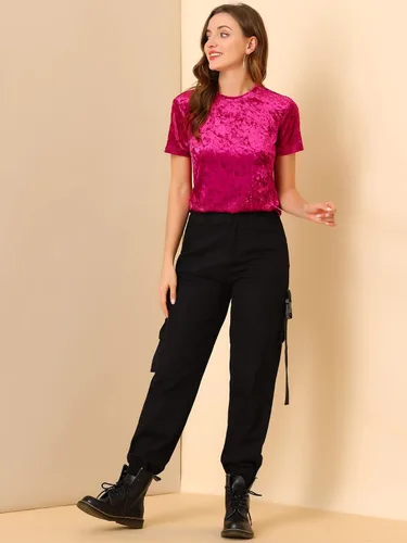 Vista 3 de Allegra K Camiseta casual de terciopelo de Navidad para mujer, cuello redondo, manga corta
