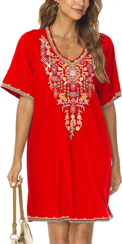 Vista 2 de Grosy Vestidos campesinos mexicanos bordados para mujer, vestido bohemio de fiesta de talla grande para mujer, túnica bohemia floral tradicional