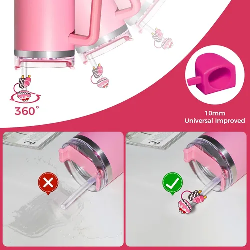Vista 4 de 6 piezas de cubiertas de popote de béisbol para vasos Stanley – Lindas tapas reutilizables de silicona de 10 mm para vasos de 30 oz/40 oz con asa