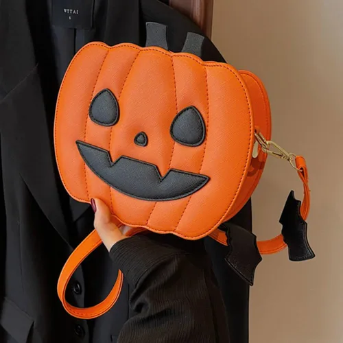 Vista 4 de Bolso de Halloween con diseño de calabaza, bolso cruzado novedoso de piel sintética, bolso cruzado de calabaza de Halloween