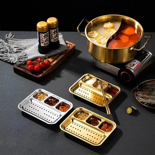 Vista 7 de Plato dividido de acero inoxidable, platos pequeños para salsas, ensaladas, pigmentos, aperitivos, bandeja de aceite de drenaje desmontable, 4