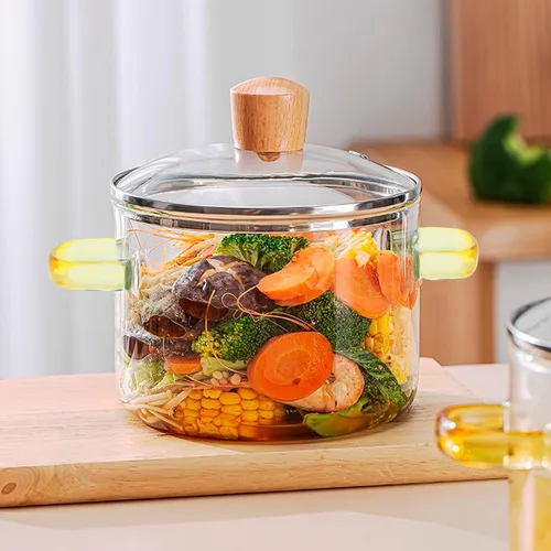 Vista 5 de Olla de cocina de vidrio transparente de 1.5L 2 litros con colador y tapa, resistente a la estufa con tapa, asas antiquemaduras, cacerola de vidrio
