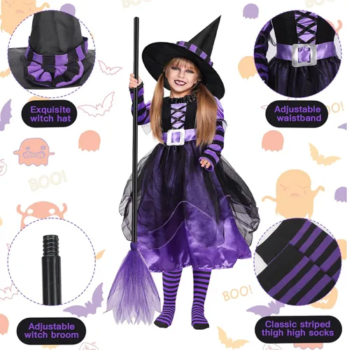 Vista 3 de Juego de 4 piezas de disfraz de Halloween, sombrero de bruja de lujo, escoba, falda tutú, rayas hasta el muslo, medias altas para niños y niñas