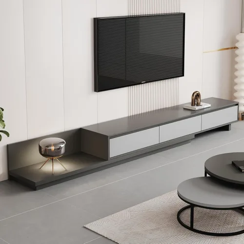 Vista 10 de Mid-Century - Mueble de TV extensible moderno con 3 cajones, centro de entretenimiento ajustable de 78.7 a 130 pulgadas, soporte de TV para sala