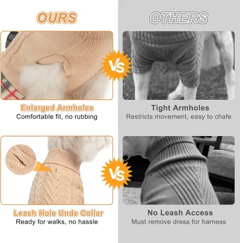 Vista 5 de BEAUTYZOO Vestido de suéter para perrita, suéter de punto trenzado para perritas pequeñas - Suéter de cuello alto con falda a cuadros y moño Beige