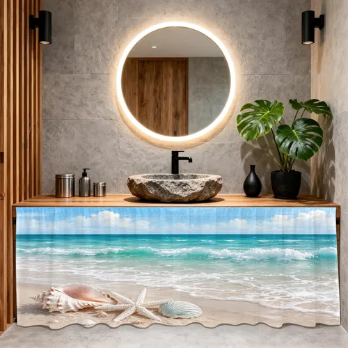 Vista 2 de Lukery Ocean Patterns Kitchen Cabinet Curtains Dustproof No Drilling (Beach,40x70cm)