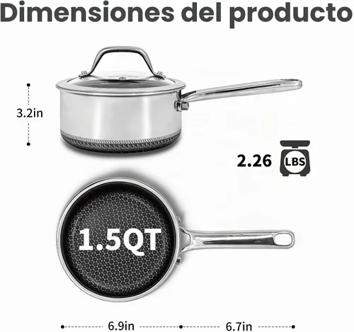Vista 5 de Cacerola híbrida antiadherente de 1.5 cuartos de galón con tapa, olla de panal de acero inoxidable con dos boquillas de vertido, compatible
