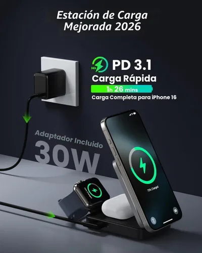 Vista 3 de Estación de carga inalámbrica 3 en 1 para iPhone, soporte de carga inalámbrica rápida plegable de viaje plegable de 15 W para Mag-Safe con adaptador