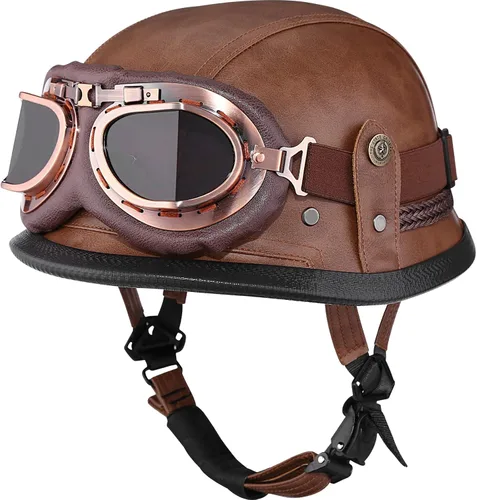 Vista 11 de Yesmotor - Casco de media cara estilo retro alemán de cuero hecho a mano con hebilla de liberación rápida y gafas protectoras - Aprobado por DOT