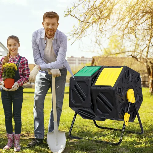 Vista 8 de JupiterForce Contenedores de compostaje de doble cámara, vaso giratorio de compost con 2 puertas correderas para jardines al aire libre, para todas