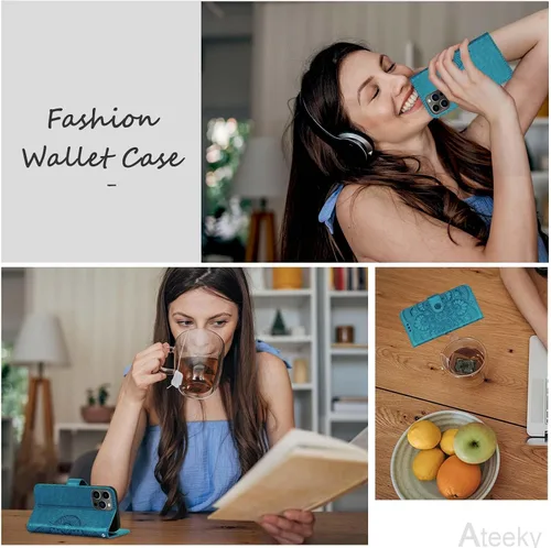 Vista 7 de Funda tipo cartera para iPhone 15 Pro Max, bloqueo RFID, soporte para 3 tarjetas con ranura para tarjetas de crédito, funda protectora magnética