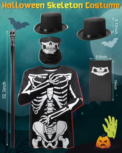 Vista 3 de Panitay 5 Pcs Halloween Skeleton Costume for Men Skeleton Rib T-Shirt Bone Gloves Walking Cane Ghost Mask for Cosplay Party