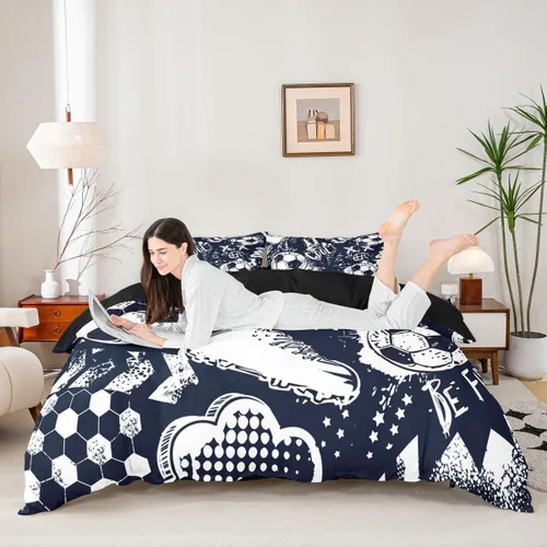 Vista 3 de Erosebridal Funda de edredón para niños, tamaño individual, funda de edredón de fútbol para jugadores, juego de ropa de cama con grafiti fresco