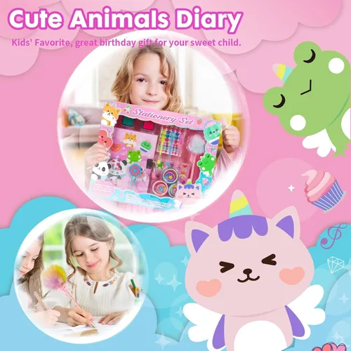 Vista 6 de Diario de animales para niñas con cerradura, juego de papelería de animales con diario secreto, sellos, bolígrafos, cuaderno de diario, regalo