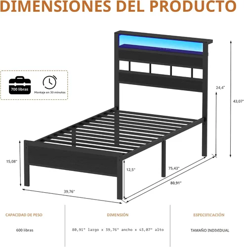 Vista 8 de Furnulem Marco de cama individual con estación de carga y luces LED, roble Soporte de listones de metal resistente, cabecera de almacenamiento