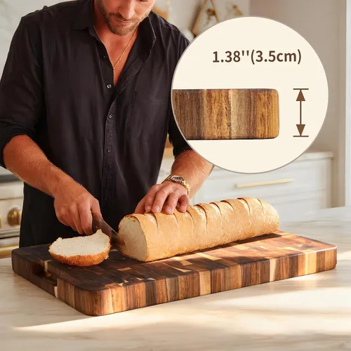 Vista 2 de Utoplike Tabla de cortar de acacia de 17 x 12 pulgadas, tabla de cortar de grano final de madera con ranura de jugo de un solo lado y asas, bloque