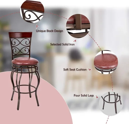 Vista 6 de GLACER Juego de 2 taburetes de bar, estilo retro, de altura de barra giratoria de 360 grados con asiento acolchado de cuero, cómoda silla de metal