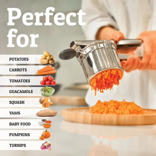 Vista 5 de Pasapurés y prensa para patatas de PriorityChef, hace pure de patatas ligeros y esponjosos a la perfección, 100 % de acero inoxidable.