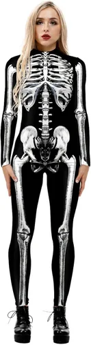 Vista 22 de Disfraz de esqueleto de calavera para Halloween para mujer, overol elástico y ajustado Skull Skeleton Costume Jumpsuits Stretch Skinny Catsuit